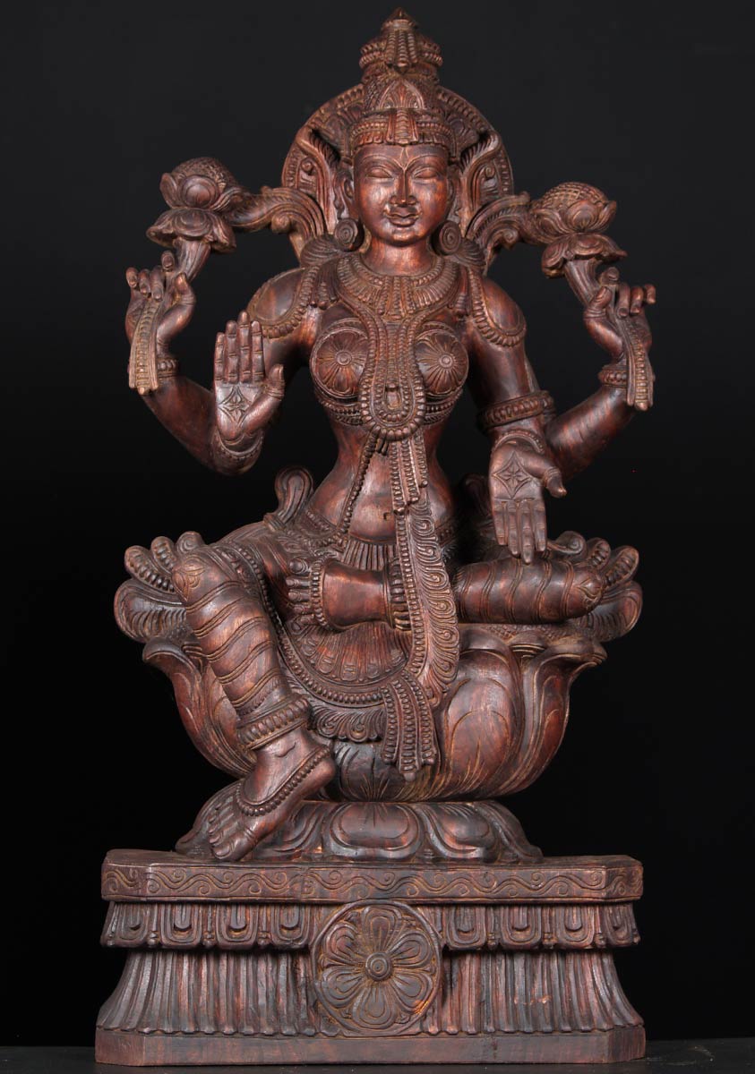 Wood Hindu Goddess Lakshmi Statue 36"